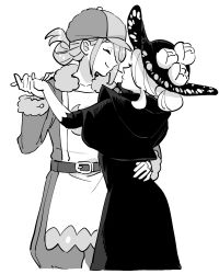 Rule 34 | 1boy, 1girl, bad id, bad twitter id, belt, black dress, black headwear, closed eyes, closed mouth, cogita (pokemon), commentary request, creatures (company), dancing, dede (qwea 00000), dress, from side, fur trim, game freak, gloves, greyscale, hair bun, hand on another&#039;s hip, hat, holding hands, jumpsuit, korean commentary, long sleeves, monochrome, nintendo, pokemon, pokemon legends: arceus, short hair, single hair bun, smile, volo (pokemon), white gloves