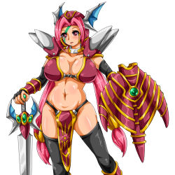 Rule 34 | 1girl, armor, bikini armor, blush, breasts, curvy, expressionless, huge breasts, long hair, navel, pink eyes, pink hair, shield, shiny skin, solo, standing, sword, ten2009, tensama (ten2009), thighhighs, twintails, very long hair, weapon, wide hips