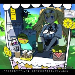 Rule 34 | 1girl, adapted costume, basket, blonde hair, blue eyes, collared shirt, commentary request, cookie, cooler, corset, cup, dated, disposable cup, electric fan, english text, food, fruit, gambier bay (kancolle), hairband, kantai collection, kiosk, lemon, lemonade, looking at viewer, own hands together, shikishima fugen, shirt, smile, solo, straw, translation request, twintails, twitter username, upper body, white shirt