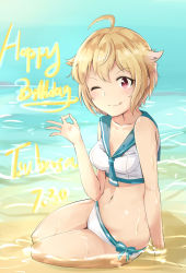 Rule 34 | 10s, 1girl, ahoge, bad id, bad pixiv id, bare shoulders, bikini, blonde hair, blush, breasts, character name, cleavage, closed mouth, collarbone, dated, full body, happy birthday, highres, ibuki tsubasa, idolmaster, idolmaster million live!, kyouki no d-kun, looking at viewer, medium breasts, navel, one eye closed, red eyes, sailor swimsuit (idolmaster), short hair, sitting, smile, solo, swimsuit, tongue, tongue out