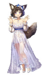Rule 34 | 1girl, animal ears, bare legs, bare shoulders, bead bracelet, beads, black hair, bracelet, braid, breasts, brown hair, chain, cleavage, cleavage cutout, clothing cutout, contrapposto, cross-laced footwear, dress, floral print, flower, fox ears, fox girl, fox tail, full body, glasses, gold, hair flower, hair ornament, hairband, hands up, high heels, highres, jewelry, knees, lace, lace-trimmed dress, lace trim, large breasts, long dress, necklace, official art, palms, panicking, pearl necklace, qurare magic library, ring, see-through, see-through skirt, simple background, skirt, solo, standing, strapless, strapless dress, sweatdrop, tail, tareme, underbust, wavy mouth, white background, white dress, white footwear, whoisshe