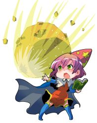 Rule 34 | 1girl, absurdres, book, cape, chibi, dress, final fantasy, final fantasy v, full body, green eyes, hat, highres, lenna charlotte tycoon, magic, meteor, open mouth, pink hair, shinapuu, simple background, solo, thighhighs, time mage, white background