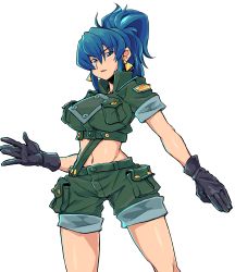 Rule 34 | 1girl, absurdres, black gloves, blue eyes, blue hair, breasts, coso-ri, crop top, earrings, gloves, highres, jewelry, large breasts, leona heidern, long hair, midriff, navel, ponytail, shorts, solo, the king of fighters