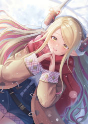 Rule 34 | 1girl, absurdres, belt, blonde hair, blush, coat, corset, draph, dutch angle, granblue fantasy, highres, horn ornament, horn warmers, horns, kumbhira (granblue fantasy), multicolored hair, niccoriii, open clothes, open coat, open mouth, pointy ears, red hair, scarf, smile, solo, steepled fingers, streaked hair, yellow eyes