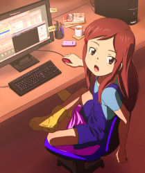 Rule 34 | 00s, 1girl, absurdres, bad id, bad pixiv id, book, boots, brown eyes, brown hair, cellphone, chair, child, computer, cup, from behind, fukuikeikoku, hair ornament, hairclip, higashi no eden, highres, indian style, katsuhara mikuru, keyboard (computer), looking back, looking up, mouse (computer), open mouth, overalls, pen, phone, shorts, sitting, solo