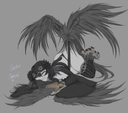 Rule 34 | 1girl, absurdres, bag, bird legs, character name, closed eyes, commission, detached sleeves, drooling, fchimaera, feathered wings, greyscale, hair between eyes, harpy, head wings, highres, long hair, lying, monochrome, monster girl, on floor, on stomach, oneiroi (apexhydra8), open mouth, original, partially feathered tail, sand, sleep mask, sleeping, solo, spot color, talons, thank you, thighhighs, winged arms, winged tail, wings
