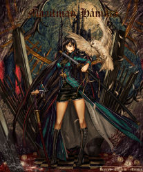 Rule 34 | 1girl, bird, black hair, boots, castle, checkered floor, dual wielding, edenfox, feathers, floor, flower, full moon, high heels, highres, holding, jewelry, katana, long hair, moon, multicolored hair, original, owl, pendant, red eyes, rose, shoes, solo, standing, sword, very long hair, weapon, white flower, white rose