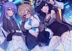 Rule 34 | 3girls, :q, animal ears, between breasts, black hair, black skirt, blonde hair, blue archive, blue necktie, braid, breasts, cleavage, collar, dog ears, dog girl, dog tags, fishnet legwear, fishnets, glasses, goggles, goggles on head, halo, hibiki (blue archive), highres, jacket, korean commentary, kotori (blue archive), large breasts, long hair, long sleeves, multiple girls, navel, necktie, necktie between breasts, official art, one eye closed, open clothes, open jacket, pantyhose, pleated skirt, purple eyes, purple hair, red eyes, sankyaku tako, school uniform, shirt, side braid, skirt, small breasts, smile, tongue, tongue out, utaha (blue archive), very long hair, white shirt, white skirt