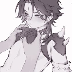 Rule 34 | 1boy, 1other, armor, closed mouth, controller, covered erect nipples, doupu41, expressionless, facial mark, forehead mark, game controller, genshin impact, greyscale, highres, holding, holding controller, holding game controller, male focus, medium hair, monochrome, out of frame, pauldrons, short hair, shoulder armor, single pauldron, slit pupils, upper body, xiao (genshin impact)