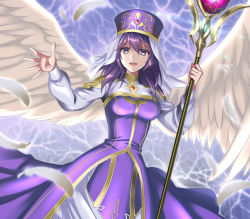 Rule 34 | 1girl, :d, angel wings, breasts, commentary request, dress, eremiya, feathers, fire emblem, fire emblem: new mystery of the emblem, fire emblem heroes, hat, highres, holding, holding staff, kakiko210, long dress, looking at viewer, medium breasts, medium hair, nintendo, open mouth, purple dress, purple eyes, purple hair, purple hat, smile, solo, staff, white feathers, white veil, white wings, wings