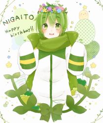 Rule 34 | 1boy, balloon, bird, blush, bow, chick, coat, commentary, flower, foliage, green bow, green eyes, green hair, green scarf, hair flower, hair ornament, happy, head wreath, letter, long coat, long sleeves, mail, male focus, nigaito, omochi., open mouth, paper, polka dot, scarf, scarf bow, short hair, solo, sprout on head, thick eyebrows, very long sleeves, vocaloid