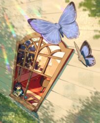 Rule 34 | 1girl, absurdres, artist name, black eyes, black hair, blush, bright pupils, bug, butterfly, day, grand piano, highres, insect, instrument, looking at viewer, mari (omori), omori, outdoors, parted lips, piano, solo, white pupils, window, zipsunz