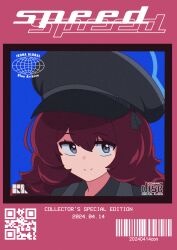 Rule 34 | 1girl, absurdres, bad tag, barcode, blue archive, closed mouth, dated, english text, grey eyes, grey hat, hat, highres, hrna, iroha (blue archive), logo, long hair, military hat, qr code, red hair, retro artstyle, smile, solo