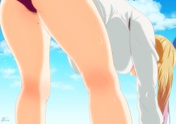 Rule 34 | 10s, 1girl, 2016, artist name, ass, bad id, bad pixiv id, bent over, blonde hair, blue sky, bow, breasts, cloud, dated, day, female pubic hair, from behind, gradient hair, hair bow, hair strand, hanging breasts, highres, k.ty (amejin), kawakami mai, large breasts, long hair, long sleeves, mole, mole on thigh, multicolored hair, musaigen no phantom world, pubic hair, pubic hair peek, shirt, signature, sky, solo, sweat, thighs, white shirt