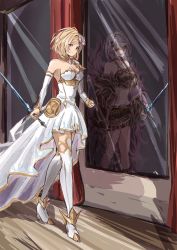Rule 34 | 1girl, alter ego malevolent (granblue fantasy), bare shoulders, black vs white, blonde hair, breasts, cleavage, detached sleeves, different reflection, djeeta (granblue fantasy), dress, flower, glanbluefanta, glorybringer (granblue fantasy), granblue fantasy, hair flower, hair ornament, hairpin, high heels, highres, jacket, looking at viewer, midriff, reflection, serious, shaded face, sketch, skirt, solo, sword, tank top, thighhighs, weapon, white dress, white sleeves, white thighhighs