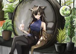 Rule 34 | 1girl, absurdres, arknights, arshuw, bare shoulders, belt, black belt, black pantyhose, black sash, black skirt, blue shirt, blush, bright pupils, brown hair, coffee mug, commentary, commentary request, crossed legs, cup, english commentary, feet out of frame, grey hair, highres, holding, holding cup, indoors, long hair, looking at viewer, mixed-language commentary, mug, multicolored hair, off shoulder, official alternate costume, open mouth, pantyhose, partial commentary, plant, potted plant, sash, shirt, silence (arknights), silence the paradigmatic (arknights), silence the paradigmatic (habitat) (arknights), sitting, skirt, sleeveless, sleeveless shirt, solo, squeans, steam, streaked hair, turtleneck, turtleneck shirt, watermark, white pupils, yellow eyes