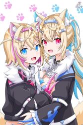 Rule 34 | 2girls, absurdres, animal ear fluff, animal ears, belt collar, black collar, black jacket, blonde hair, blue eyes, blue hair, collar, cropped jacket, dog ears, dog girl, dog tail, fake claws, fang, fur-trimmed jacket, fur trim, fuwawa abyssgard, fuwawa abyssgard (1st costume), hair ornament, hairpin, headphones, headphones around neck, highres, hololive, hololive english, jacket, long hair, looking at viewer, medium hair, mococo abyssgard, mococo abyssgard (1st costume), multicolored hair, multiple girls, open mouth, paw print, pink eyes, pink hair, remone, shirt, siblings, sisters, skin fang, smile, streaked hair, tail, twins, virtual youtuber, white background, white shirt, x hair ornament