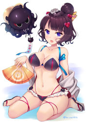 Rule 34 | 1girl, :d, animal, bare shoulders, bikini, black bikini, black footwear, blush, breasts, cleavage, collarbone, commentary request, fate/grand order, fate (series), folding fan, hair bun, hair ornament, hand fan, hat, highres, holding, holding fan, jacket, katsushika hokusai (fate), ko yu, large breasts, long sleeves, navel, octopus, open clothes, open jacket, open mouth, purple eyes, purple hair, sandals, single hair bun, sitting, smile, solo, swimsuit, translation request, twitter username, v-shaped eyebrows, wariza, white background, white jacket, wide sleeves, wind chime, yellow hat