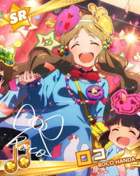 Rule 34 | 10s, 3girls, bag, card (medium), character name, character signature, closed eyes, confetti, grey hair, handa roco, idolmaster, idolmaster million live!, kindergarten uniform, multiple girls, musical note, official art, open mouth, signature, smile, thighhighs, twintails, white legwear