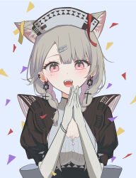Rule 34 | 1girl, animal ears, arknights, blush, braid, breasts, cat ears, cat girl, cleavage, confetti, earclip, earrings, extra ears, fangs, grey background, hair ornament, hairclip, hands up, highres, iwagmo, jewelry, kazemaru (arknights), kazemaru (like illusion) (arknights), looking at viewer, maid, medium breasts, medium hair, mole, mole under eye, official alternate costume, open mouth, own hands together, pink eyes, simple background, solo, teeth, twin braids, upper body, upper teeth only