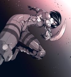 Rule 34 | 1girl, alita, android, arm blade, battle angel alita, breasts, floating hair, from side, grey background, greyscale, head tilt, highres, ishiyumi, looking at viewer, medium breasts, monochrome, open hand, science fiction, short hair, solo, weapon