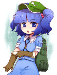 Rule 34 | 1girl, :o, bag, blue eyes, blue hair, blush, female focus, gloves, hair bobbles, hair ornament, hat, kawashiro nitori, key, kty (04), looking at viewer, matching hair/eyes, open mouth, short hair, sleeves rolled up, solo, touhou, twintails, two side up