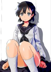 Rule 34 | 1girl, black hair, haida katsuretsu, highres, on floor, school uniform, socks, solo, tagme, white background