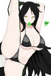 Rule 34 | 1girl, absurdres, bikini, black bikini, black hair, blush, breasts, condom, condom in mouth, condom wrapper, heart, highres, large breasts, lizard tail, long hair, looking at viewer, monster girl, mouth hold, parted bangs, reptile girl, reptilia queen, scales, scp-682, scp foundation, simple background, solo, split, standing, standing on one leg, standing split, swimsuit, tail, white background, yellow eyes