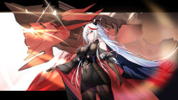 Rule 34 | 1girl, absurdly long hair, absurdres, aegir (azur lane), azur lane, bare shoulders, black dress, black gloves, black horns, bodystocking, breast curtains, breasts, cowboy shot, cross, cross earrings, demon horns, dress, earrings, elbow gloves, from side, gloves, hair between eyes, hair on horn, highres, horns, iron cross, jewelry, large breasts, long hair, microdress, multicolored hair, non-humanoid robot, red hair, robot, robot dragon, solo, standing, streaked hair, thunder-35, two-tone hair, very long hair, white hair, yellow eyes