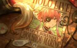 Rule 34 | ascot, brooch, commentary request, compass, english text, engrish text, eyebrows hidden by hair, eyepatch, happy birthday, hat, highres, hololive, houshou marine, jewelry, pirate hat, portrait, poster (object), ranguage, red ascot, red eyes, red hair, solo, uni hand, virtual youtuber