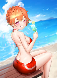 Rule 34 | 1girl, ass, back, bad id, bad pixiv id, beach, bikini, bikini top only, blue sky, braid, breasts, butt crack, cloud, cocktail glass, crown braid, cup, day, drink, drinking glass, food, french braid, fruit, grin, hair between eyes, highres, holding, holding cup, hololive, hololive english, lemon, looking at viewer, looking back, ocean, orange hair, outdoors, red bikini, red shorts, short shorts, shorts, sitting, sky, smile, solo, swimsuit, takanashi kiara, tungsten (kwfr4544), virtual youtuber, water