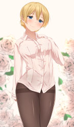 Rule 34 | 10s, 1girl, arm at side, black pantyhose, blonde hair, blue eyes, blurry, blush, breasts, buttons, closed mouth, collared shirt, cowboy shot, darjeeling (girls und panzer), depth of field, dress shirt, flower, girls und panzer, gradient background, hand on own chest, head tilt, highres, legs together, long sleeves, looking at viewer, no pants, orange (sal1014), pantyhose, pink lips, rose, shirt, short hair, simple background, smile, solo, standing, thighband pantyhose, white flower, white rose, white shirt, wing collar