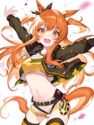 Rule 34 | 1girl, :d, animal ears, belt, black belt, black ribbon, bow, commentary request, dog tags, ear ribbon, green jacket, highres, horse ears, horse girl, horse tail, jacket, long hair, long sleeves, looking at viewer, mayano top gun (umamusume), midriff, navel, open mouth, orange eyes, orange hair, outstretched arms, ribbon, round teeth, shorts, smile, tail, tatejima uri, teeth, thighs, two side up, umamusume, upper teeth only, white shorts