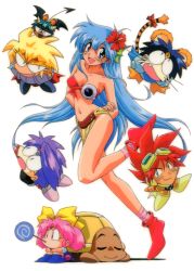Rule 34 | 1990s (style), 3boys, 3girls, akumako, arms behind back, black hair, blonde hair, blue hair, bud mint, candy, chibi, constricted pupils, demon tail, demon wings, flower, food, goggles, goggles on head, hibiscus, ko seiki beast sanjuushi, lollipop, long hair, mecca mannen, mei mer, multiple boys, multiple girls, navel, non-web source, official art, open mouth, pink hair, purple eyes, purple hair, red footwear, red hair, retro artstyle, tail, v-darn, v-sion, very long hair, wan derbard, wings