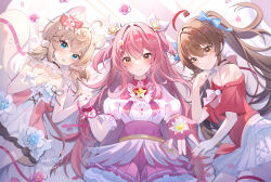 Rule 34 | 3girls, ahoge, animal ears, balala the fairies, black choker, blue bow, blue eyes, blush, bow, brooch, brown eyes, brown hair, character request, choker, dress, flower, hair bow, highres, holding hands, jewelry, looking at viewer, miaogujun, multiple girls, petals, pink dress, pink hair, pink ribbon, red shirt, ribbon, shinka musume, shinka musume channel, shirt, star brooch, virtual youtuber, white dress