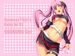 Rule 34 | 1girl, ;d, belt, breasts, crop top, groin, highres, koutaro, large breasts, one eye closed, open mouth, original, pink hair, skirt, smile, solo, twintails, underboob, undressing, wallpaper