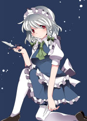 Rule 34 | 1girl, ascot, bad anatomy, bad leg, braid, commentary request, hammer (sunset beach), izayoi sakuya, kneeling, knife, loafers, looking at viewer, maid, maid headdress, pantyhose, red eyes, shoes, short hair, skirt, skirt set, solo, touhou, twin braids, white hair, white pantyhose