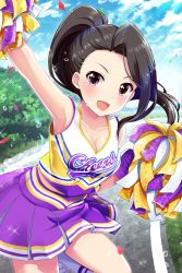 Rule 34 | 1girl, alternative girls, armpits, bare arms, bare shoulders, black hair, breasts, bush, cheerleader, cleavage, grass, highres, holding, holding pom poms, looking at viewer, official art, open mouth, pom pom (cheerleading), pom poms, ponytail, purple eyes, purple shirt, purple skirt, saionji rei, shirt, skirt, sleeveless, sleeveless shirt, smile, solo, sunlight, white legwear