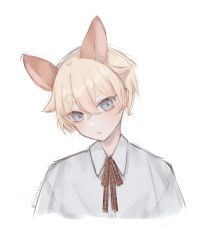 Rule 34 | androgynous, animal ears, blonde hair, blue eyes, blush, collared shirt, gender request, highres, julie, looking to the side, pale skin, rabbit ears, rabbit girl, rolleybun, school uniform, shirt, simple background, solo, vdonburi, virtual youtuber, white background