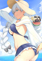 Rule 34 | 1girl, anastasia (fate), anastasia (swimsuit archer) (fate), anastasia (swimsuit archer) (third ascension) (fate), arata (noneetyesnito), ass, bare shoulders, beach, blue dress, blue eyes, blue sky, blush, breasts, doll, dress, eyewear on head, fate/grand order, fate (series), food, fruit, hair over one eye, hat, highres, large breasts, long hair, looking at viewer, ocean, see-through, see-through skirt, silver hair, skirt, sky, straw hat, sunglasses, sunglasses on head, thighs, very long hair, viy (fate), watermelon, watermelon slice
