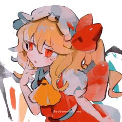 Rule 34 | 1girl, ascot, blonde hair, bow, crystal, fang, flandre scarlet, hand on own cheek, hand on own face, hat, hat bow, highres, medium hair, mob cap, one side up, open mouth, painting (medium), mob cap, ponytail, puffy short sleeves, puffy sleeves, red bow, red eyes, red skirt, red vest, short sleeves, side ponytail, simple background, skirt, sobamushi mo, solo, touhou, traditional media, vest, white background, white skirt, wings, yellow ascot