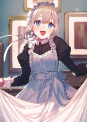 Rule 34 | 1girl, alternate costume, apron, black dress, blue eyes, blush, dress, enmaided, frilled apron, frills, grey hair, highres, idolmaster, idolmaster shiny colors, indoors, long sleeves, looking at viewer, maid, maid apron, maid headdress, open mouth, puffy sleeves, serizawa asahi, short hair, signalviolet, skirt hold, smile, solo, white apron, wrist cuffs