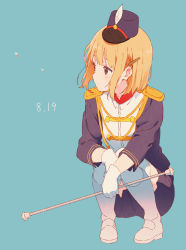 Rule 34 | 1girl, band uniform, blonde hair, blue background, blue hat, blush, brown eyes, closed mouth, dated, epaulettes, expressionless, feathers, gloves, hat, highres, long sleeves, looking to the side, medium hair, peaked cap, shirt, shoes, simple background, socks, solo, squatting, tamako market, tesseract (retr0 0o), tokiwa midori, uniform, white footwear, white gloves, white socks