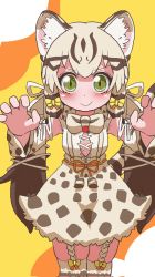 Rule 34 | 1girl, animal costume, animal ear fluff, animal ears, bow, bowtie, cat ears, cat girl, cat tail, closed mouth, geoffroy&#039;s cat (kemono friends), green eyes, grey hair, highres, kemono friends, kemono friends v project, kneehighs, long hair, looking at viewer, microphone, onaji (sokudo seigen), ribbon, shirt, simple background, skirt, smile, socks, solo, tail, twintails, virtual youtuber