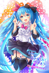 Rule 34 | 1girl, 2018, anniversary, aqua eyes, aqua hair, arms up, bare shoulders, black skirt, blue eyes, blush, bow, breasts, character name, clothes lift, dated, detached sleeves, fingernails, hair between eyes, hair bow, hair ornament, hatsune miku, highres, long hair, long sleeves, looking at viewer, nail polish, necktie, nozomiyuyu, open mouth, pleated skirt, ponytail, red nails, round teeth, side ponytail, skirt, skirt lift, small breasts, smile, solo, suspender skirt, suspenders, teeth, thighhighs, twintails, very long hair, vocaloid, wide sleeves
