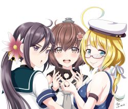 Rule 34 | 3girls, ahoge, akebono (kancolle), bell, black sailor collar, blonde hair, blue sailor collar, breasts, brown eyes, brown hair, cherry blossoms, choker, commentary request, dress, flower, glasses, green eyes, grey eyes, grey hair, grey neckerchief, hair bell, hair flower, hair ornament, hat, headgear, highres, i-8 (kancolle), jingle bell, kantai collection, large breasts, long hair, looking at viewer, low twintails, multiple girls, neckerchief, peaked cap, red-framed eyewear, sailor collar, sailor dress, sailor hat, school swimsuit, school uniform, semi-rimless eyewear, serafuku, short hair, short sleeves, side ponytail, simple background, smile, swimsuit, tk8d32, twintails, under-rim eyewear, upper body, very long hair, white background, yukikaze (kancolle)