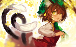 Rule 34 | 1girl, animal ear fluff, animal ears, blurry, blush, bow, bowtie, brown hair, cat ears, cat tail, chen, chinese clothes, commentary, dress, earrings, fingernails, flower, fuepo, green bow, green bowtie, green hat, hat, highres, jewelry, leaning forward, light particles, long sleeves, looking at viewer, looking to the side, mob cap, multiple tails, nail polish, red dress, red nails, sharp fingernails, shirt, short hair, sidelocks, solo, tail, touhou, two tails, very long fingernails, white background, white shirt, yellow eyes, yellow flower