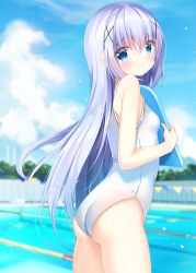 Rule 34 | 1girl, absurdres, alternate costume, ass, bare arms, bare shoulders, blue eyes, blue hair, blue sky, blurry, blurry background, blush, breasts, cloud, day, depth of field, gochuumon wa usagi desu ka?, hair between eyes, hair ornament, highres, kafuu chino, light blue hair, long hair, looking at viewer, looking back, one-piece swimsuit, outdoors, pizzzica, pool, sky, small breasts, solo, standing, swimsuit, towel, very long hair, water, wet, white one-piece swimsuit, x hair ornament