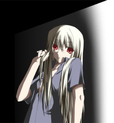 Rule 34 | 1girl, blonde hair, character request, holding, holding own hair, iwasaki takashi, long hair, open clothes, open shirt, red eyes, shirt, solo, source request