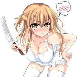 Rule 34 | 10s, 1girl, apron, asuna (sao), breasts, brown eyes, brown hair, cleavage, knife, large breasts, long hair, naked apron, senra banshou, solo, spoken blush, sword art online, thighhighs, wavy mouth
